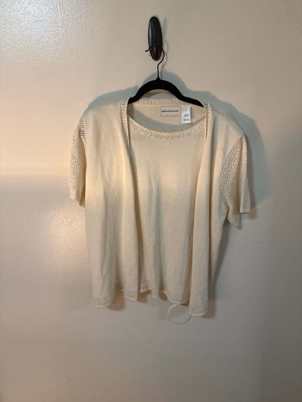 Alfred Dunner Vintage 90s Cream Pointelle Knit 2-Piece Cardigan and Shell Set Si
